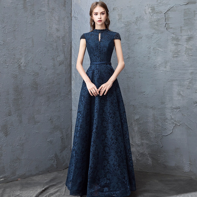 Eaglely Standing Collar Navy Blue Evening Dresses Formal Host Dress For Choir Performan Ball 0621