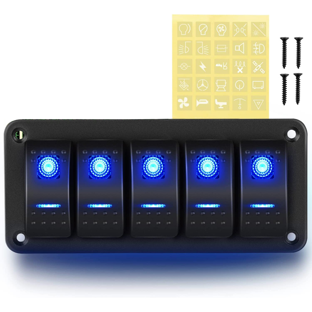 5 Gang Rocker Switch Panel 5Pin On Off Toggle Switch Aluminum Holder ...