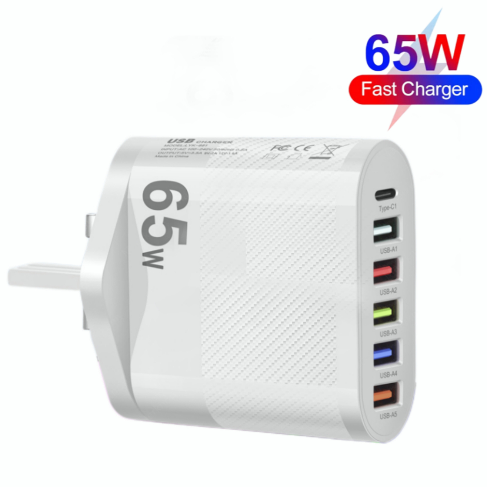 【Ready Stock】65W Multi-Port 5USB+1Type-c Phone Fast Charging Adapter US UK EU Power Plug Travel Adapter Wall Charger