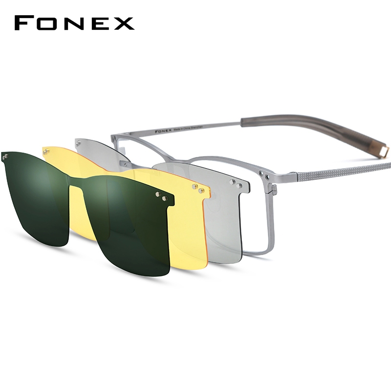 FONEX Titanium Glasses Frame Men Square Magnet Clip Eyeglasses with 3D  Night Vision Polarized Lens F85760