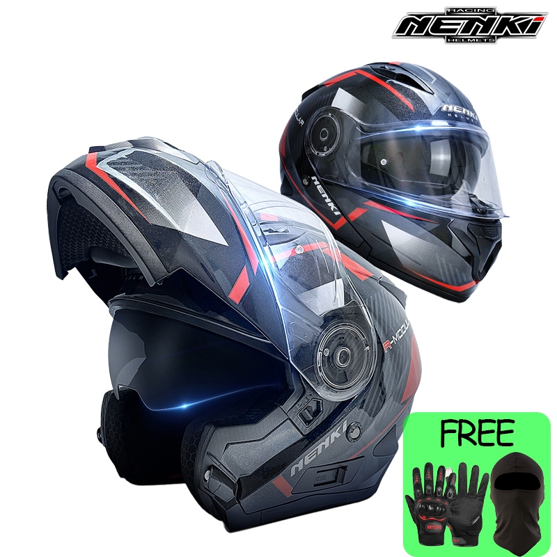 NENKI Flip Up Helmet With Goggles Double Visor Modular Helmet Flip Full ...