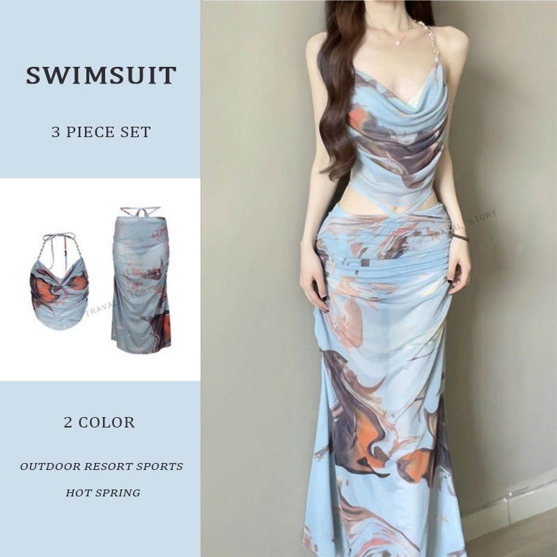 Mesh Tie Side Bikini Set – Korean 3-Piece Swimsuit with Cover-Up