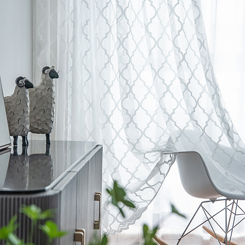 Kotile White Sheer Curtains - 108 Inch Long Metallic Silver Foil Moroccan Tile Sheer Curtains For Living Room Rod Pocket White Curtains With Silver Trellis Design 52 X 108 Inches 2 Panels