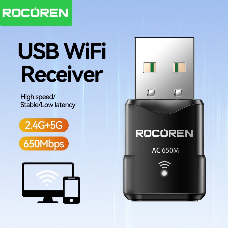 Rocoren 650Mbps USB Wireless WiFi Receiver 2.4G/5GHz Dual Band Wireless ...
