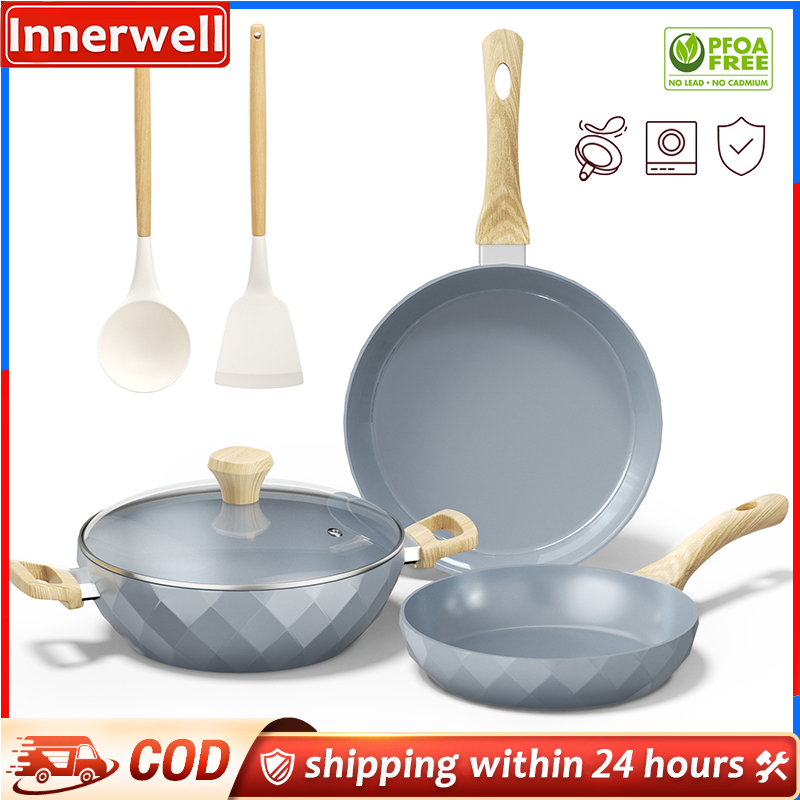 Innerwell Grey Ceramic Coating Non Stick Cookware Set Diamond Pot