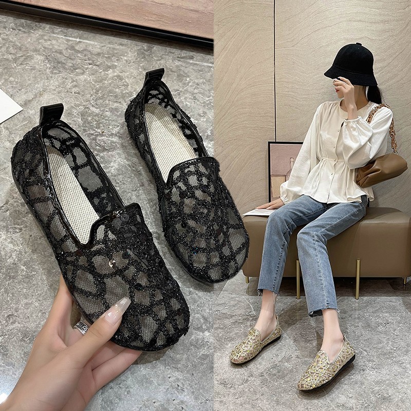Mesh Ballet Flats for Women Floral Round Toe Mary Jane fashion shoes ...