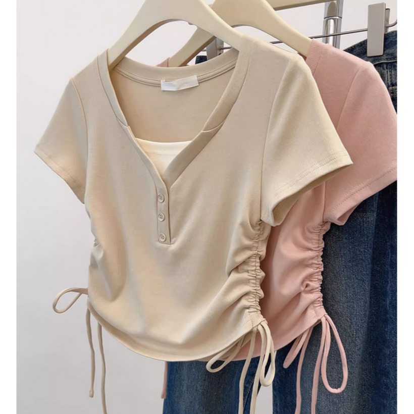 75064 Fake Two-Piece Slim-Fit v-Neck Drawstring All-Match | Shopee Malaysia