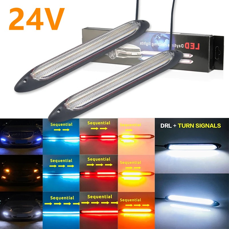 2pcs LED Daytime Running Light 24V DRL Flowing Yellow Turn Signal White ...