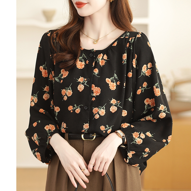 Mixed color plaid lantern sleeve long sleeve shirt