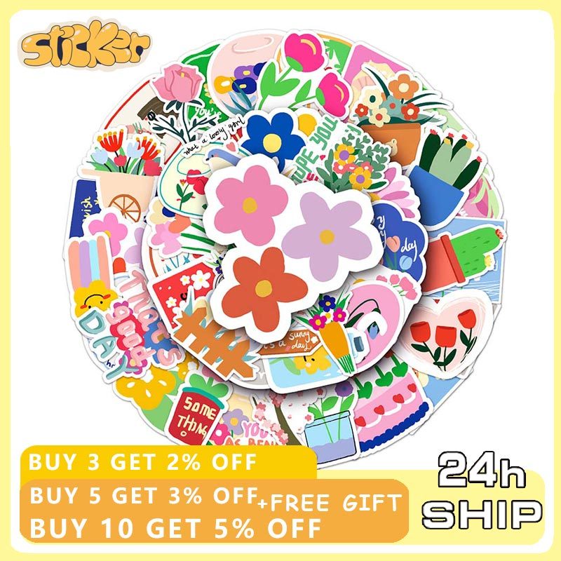 50PCS Cute Cartoon Flowers Decoration Sticker DIY Phone Laptop Luggage ...