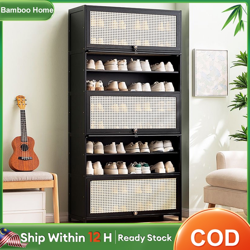 Bamboo Shoe Cabinet 7/9/11Layers Rattan Door Breathable Black Wooden Shoe  Rack Organizer Over 35+ Pairs Shoes Storage Cabinet Rak Kasut Kayu 鞋柜 竹制鞋柜 
