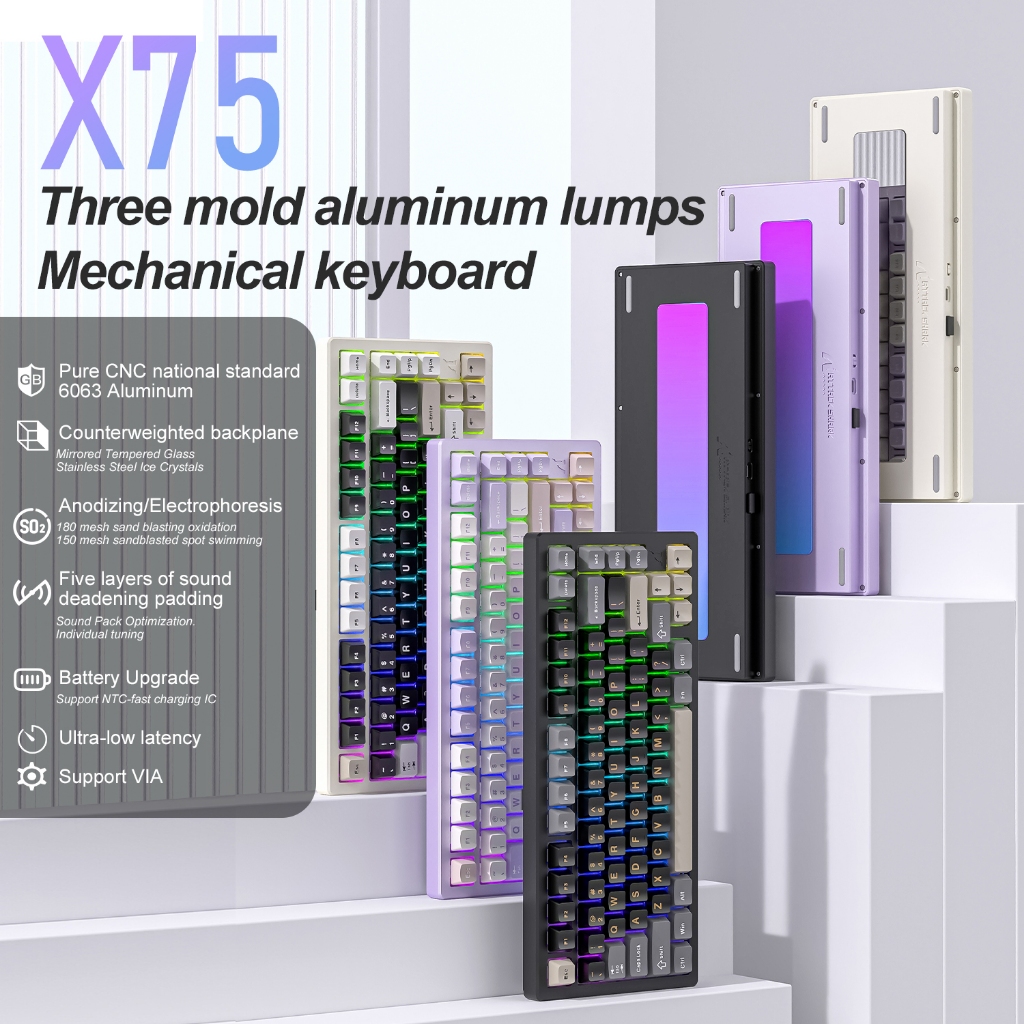 ATTACK SHARK X75 Full Aluminum Keyboard 75% 81Keys Trip-Mode BT5.0/2.4G ...