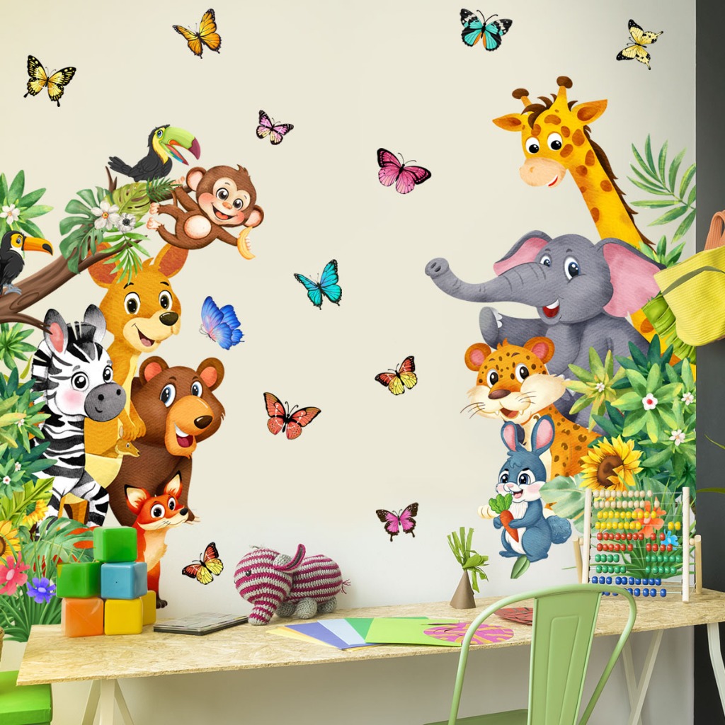 Wall Decals Forest Animal Wall Stickers Giraffe Elephant Butterfly Lovely Jungle Animals Wall Stickers DIY Removable Green Leaves Vine Safari Forest Animals Wall Decor for Kids Shopee Malaysia