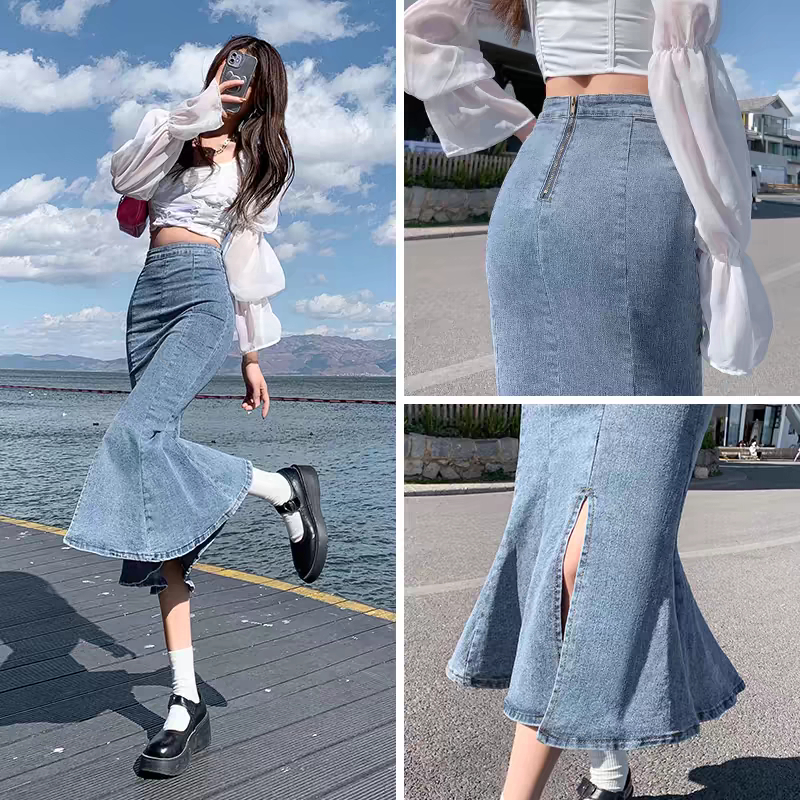 S 5XL Long skirt slit MIDI denim pencil high waist A line skirt jeans loose Korean style bigsize PLUS SIZE fashion maong office skirt hot Shopee Malaysia