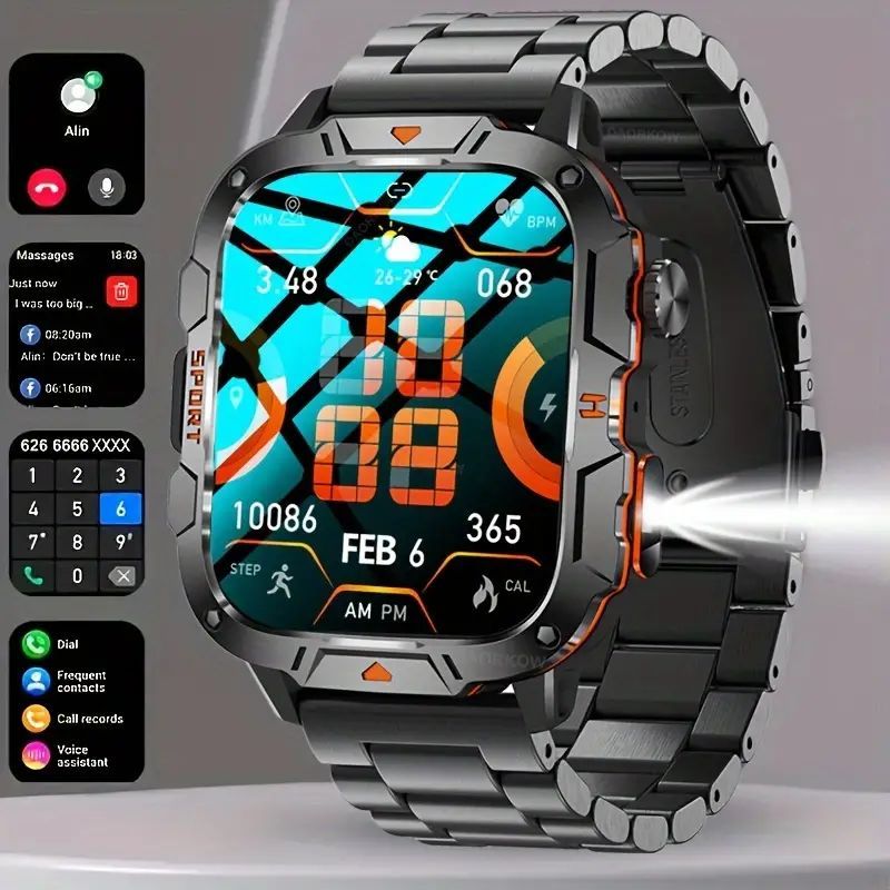 2024 Rugged LED Light Smartwatch Men Wireless Talk IP68 Waterproof ...