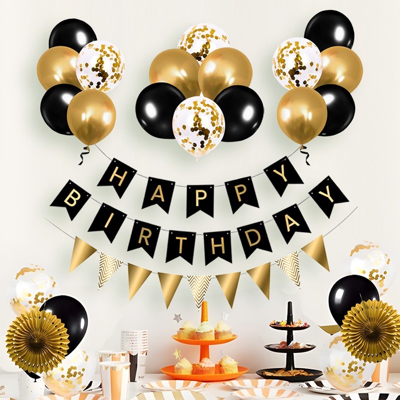 23pcs Black Gold Birthday Decoration Set Happy Birthday Banner Balloon
