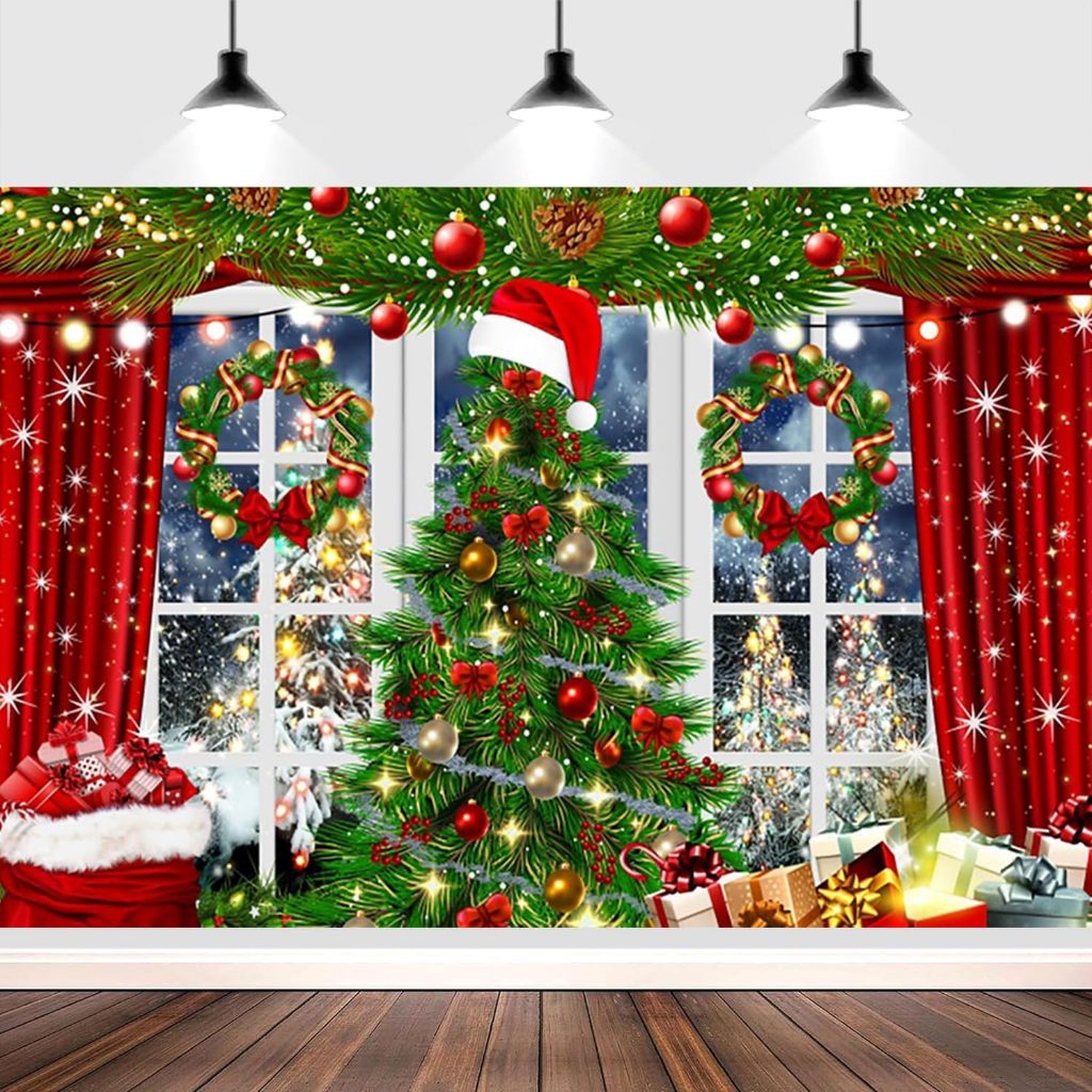 Merry Christmas Photography Backdrop Red Curtains Snow Scene Christmas ...
