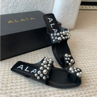 Sandals, fabric selection of black leather with diamond rivets, inner ...