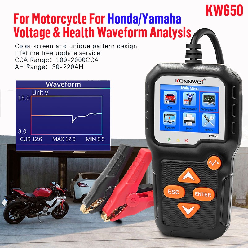 KONNWEI KW650 for Yamaha & Honda Motorcycle moto Battery Tester 12V 6V