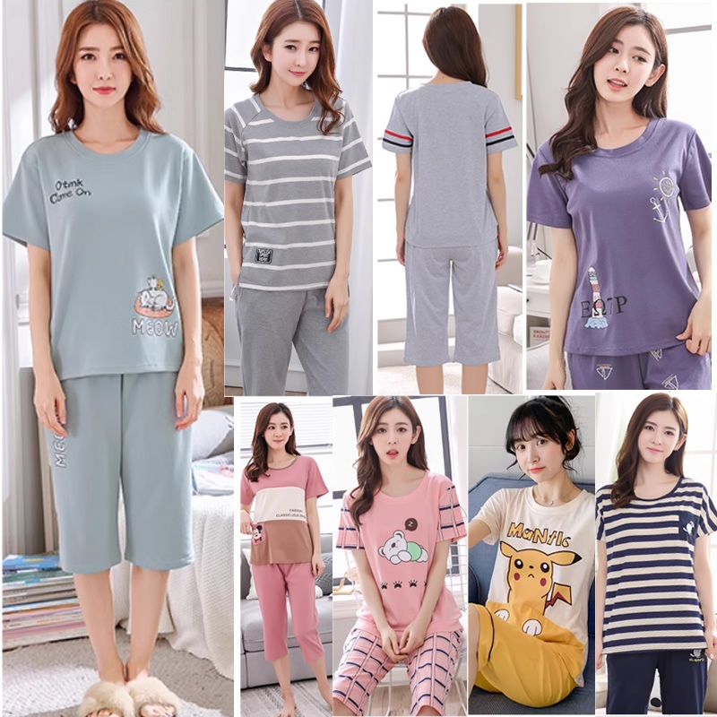 M-3XL Pyjamas Women Cotton Sleepwear 3/4 Length Short Sleeve Pajamas ...