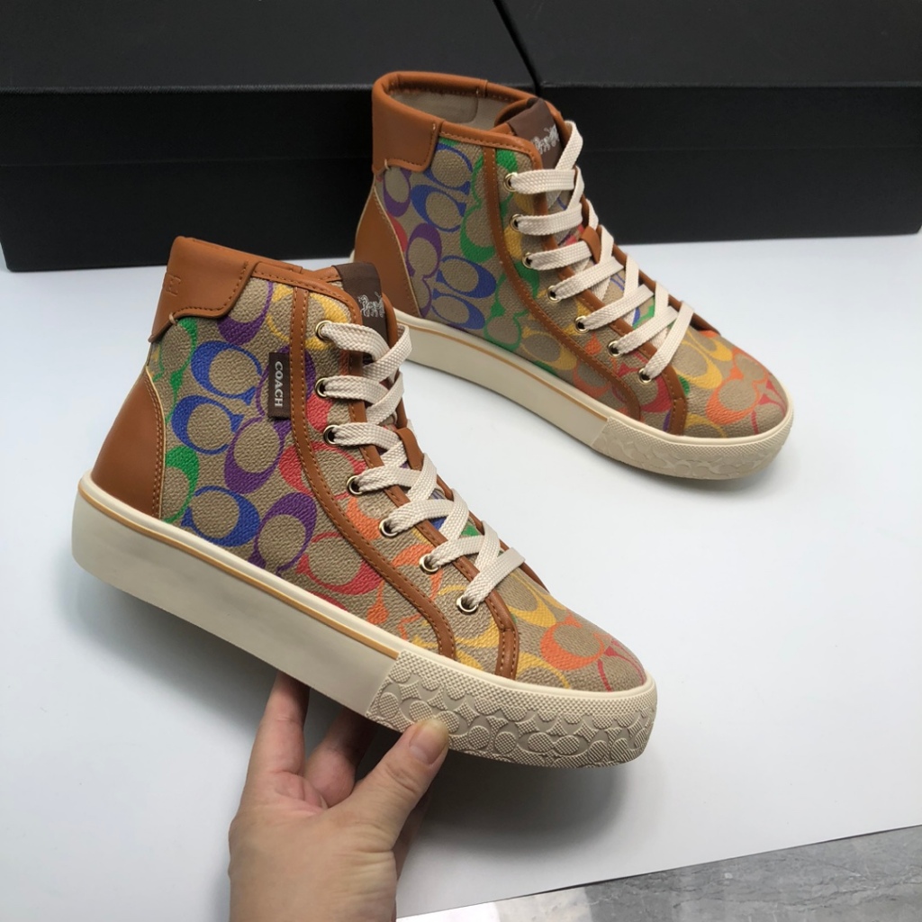 Top Quality COACH COACH 2024 New Style High Top Printed C Shaped Canvas Leather Sneakers Casual Comfortable All Match Lightweight Ladies Lace Up Sneakers Shopee Malaysia