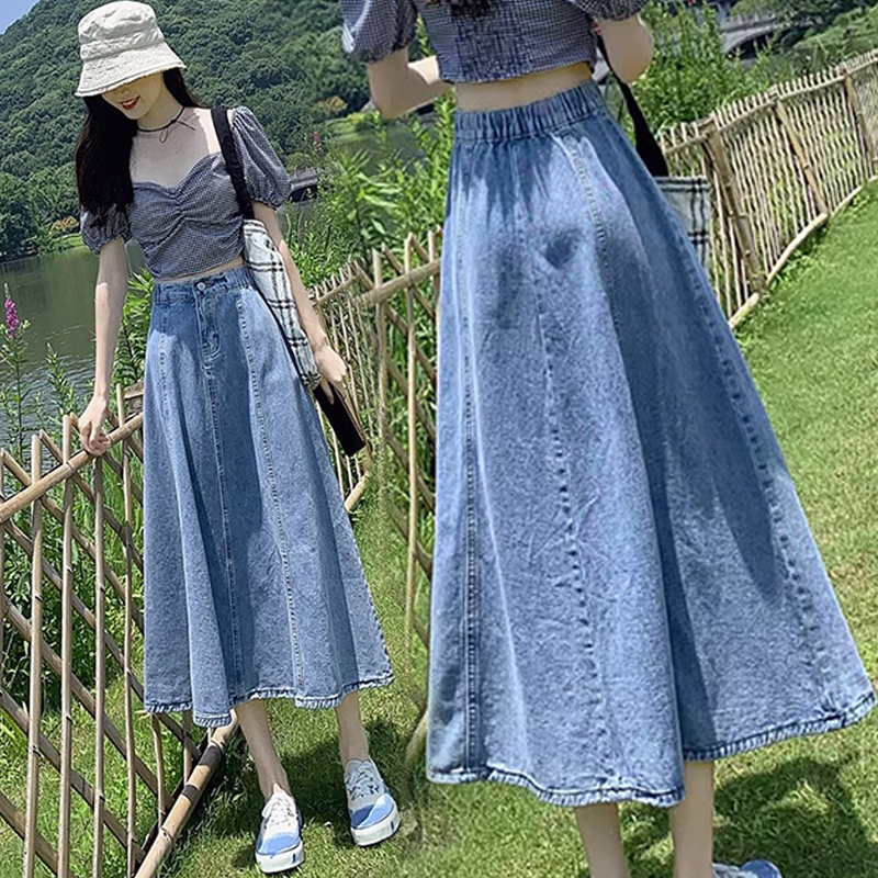 skirt Jeans plus size long denim skirt blue skirts maxi perempuan a line Umbrella skirt Shopee Malaysia