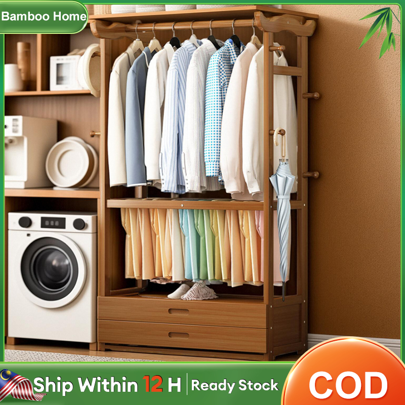 Bamboo Clothes Rack 2Drawers 42/70/90CM Rak Baju Kayu Open Wardrobe ...