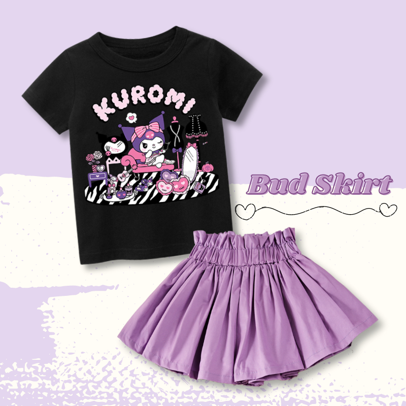 Girls Black Kuromi Printed Summer T-Shirt & Pants Set – Cute Casual Outfit