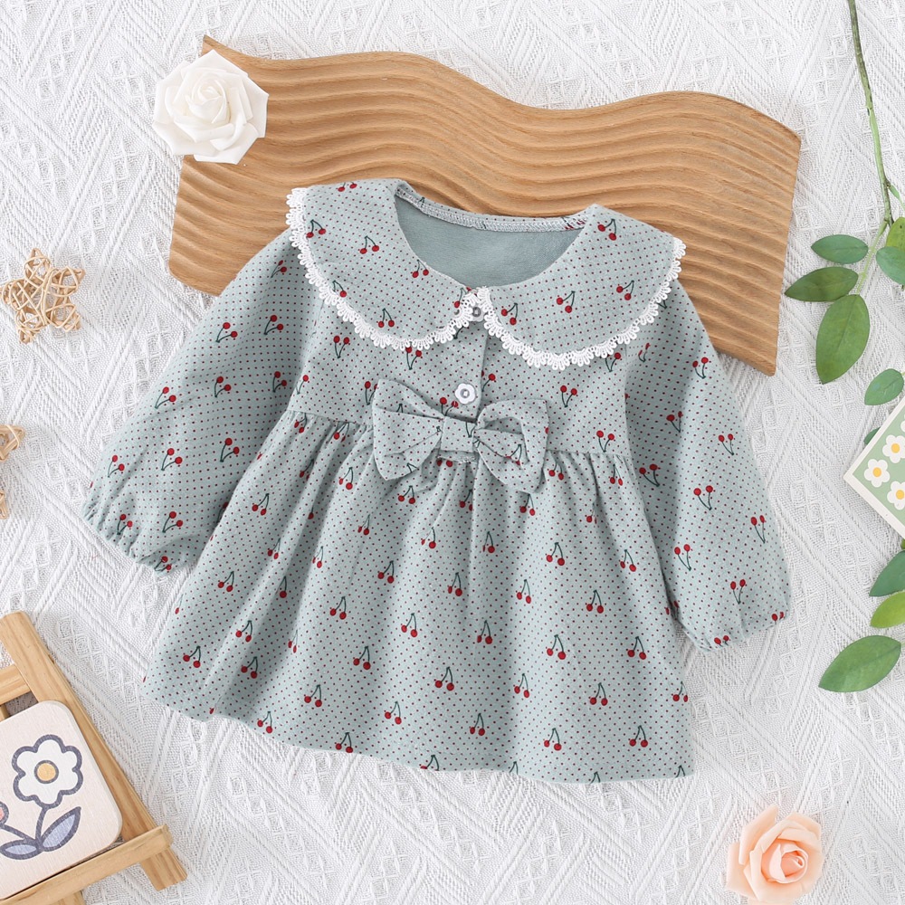 navy blue dress for baby girl 6 Months To 3 Years Old Spring And Autumn New Long Sleeved Baby Girl Dress,  Red Cherry Bow Children'S Clothing