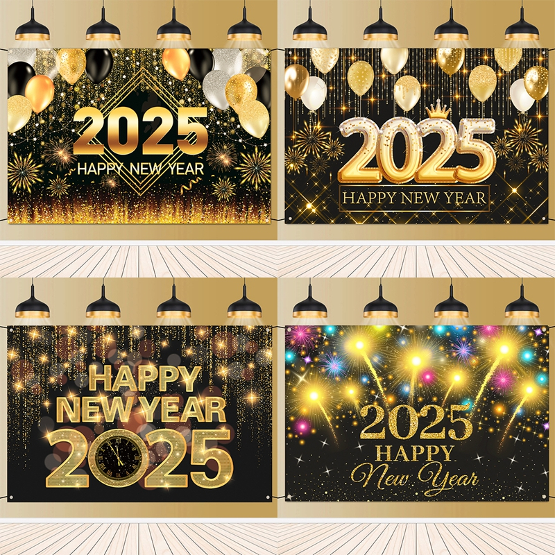 1.5*1M Vinyl Happy New Year 2025 Black Gold Glitter Backdrop Christmas ...