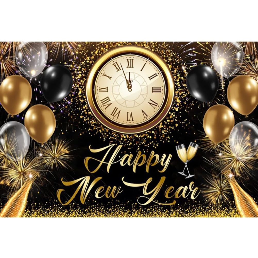 7x5ft Black Gold 2025 Happy New Year Photography Backdrop Clock ...