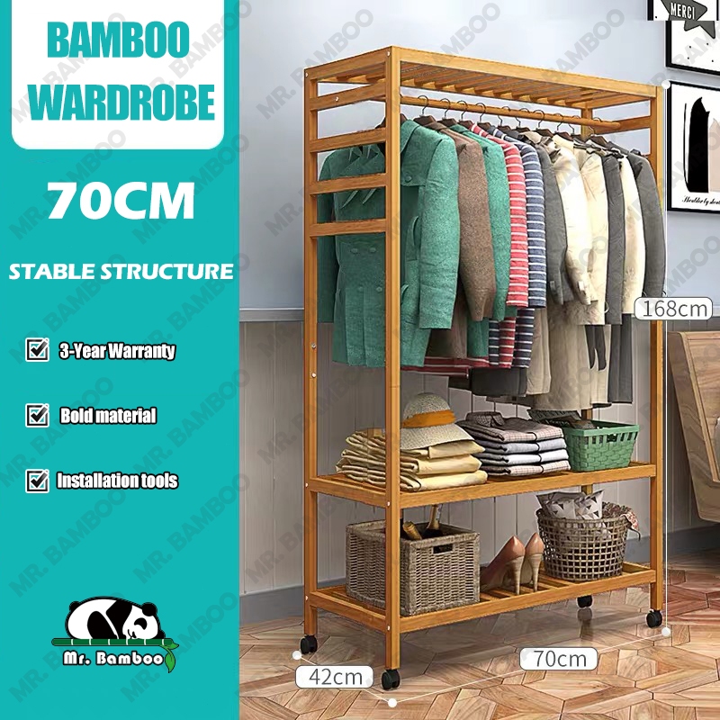 Mrbamboo Coat Hanger With Wheels Bedroom Bamboo Clothes Drying Rack Movable Wardrobe Almari Rak