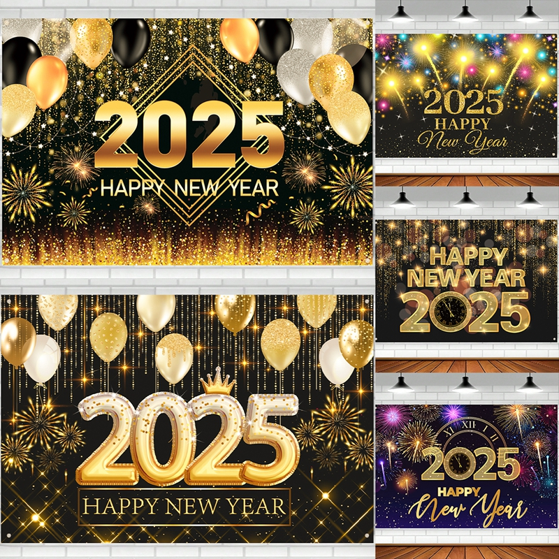【New】100*150CM Black Gold Happy New Year Banner Backdrop Shiny Firework ...