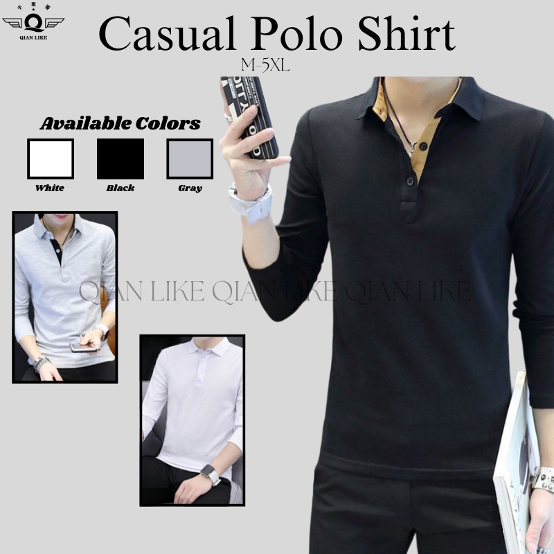 Men S Slim Fitting Polo Shirt Korean Version Long Sleeve T Shirt Men Baju Kemeja Lelaki Shopee Malaysia