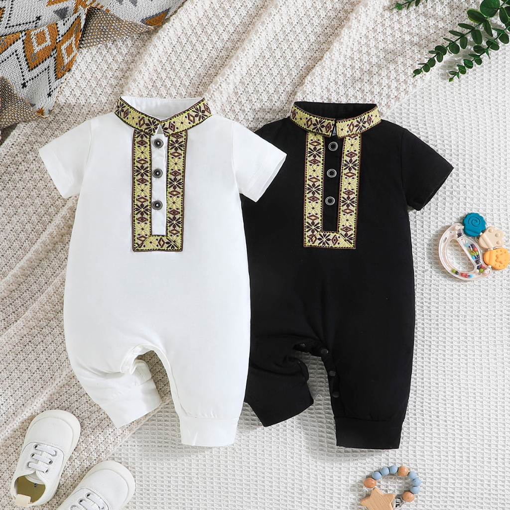 thumbnail image 2 of Newborn Baby Boy Romper Set – Dad + Me Print Long Sleeve Jumpsuit & Hat, 100% Cotton (2-Piece Set) 2 of 9