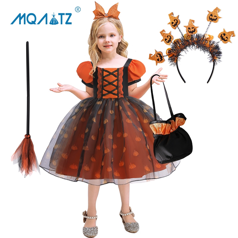 MQATZ Black Orange Carnival Halloween Costumes Dress For Girls Children  Girl Cosplay Pumpkin Pattern Party Dresses AWS032 | Shopee Malaysia