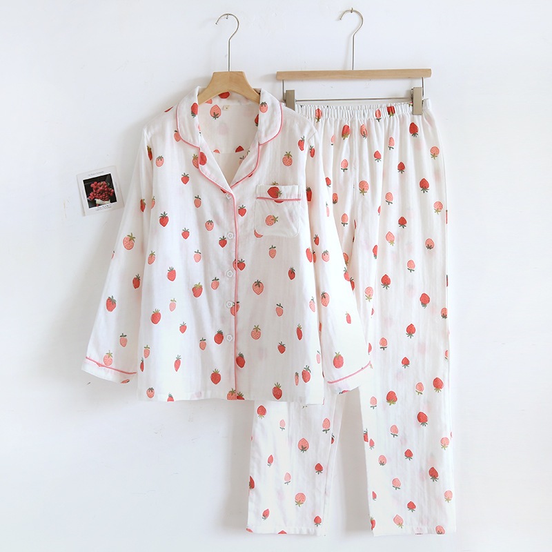 [Ready Stock] Women 100% Cotton Gauze Long Sleeve Trousers Pajamas Set ...