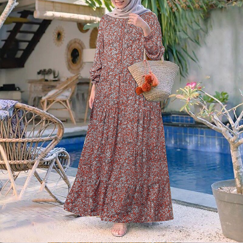 ZANZEA Women Casual Long Sleeve Front Button Printed Tiered Muslim Long  Dress | Shopee Malaysia