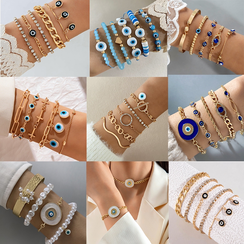Fashion Multilayer Evil Eye Round Beads Blue Eyes Gold Chain Adjustable