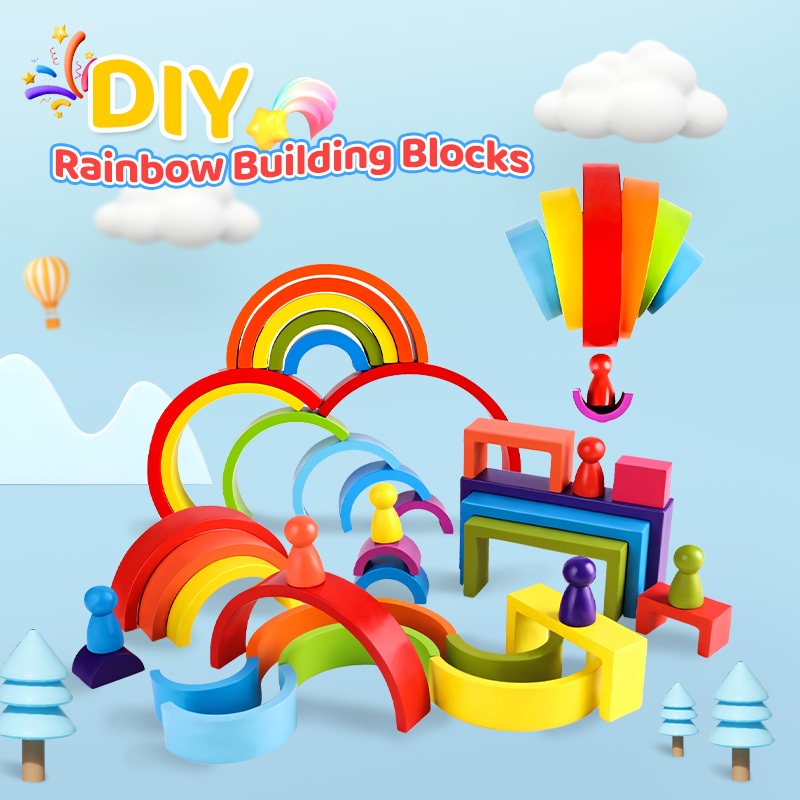 Rainbow Building Blocks Toys For Kids Big Size DIY Wooden Toys Mainan ...