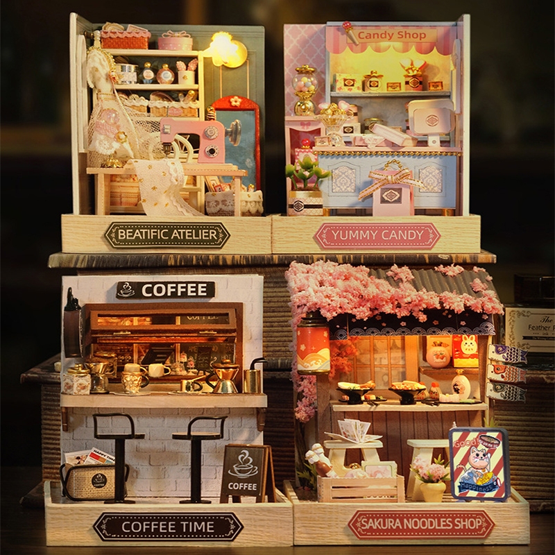 Wooden Mini Dollhouse 3D Puzzle Assembly Building Model Toys With LED ...