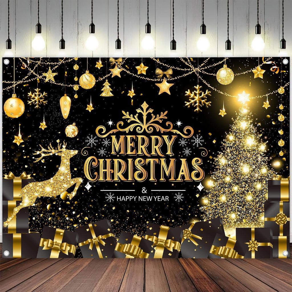 Merry Christmas Backdrop Golden Glititer Xmas Holiday Banner Happy New ...