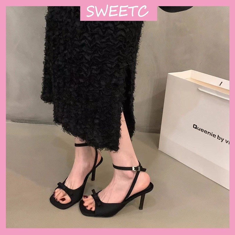 SWEETC Shoes for Women Fashion Open Toe Butterfly Shoes Satin