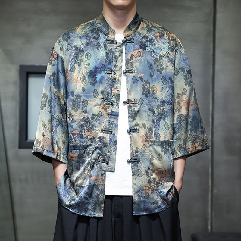 唐装冰丝印花衬衫七分短袖中国风男士T恤盘扣 #唐裝男裝上衣#中國風男裝#中國風男裝衬衫#唐裝男孩#唐裝男大码#男裝 大碼#襯衫 男 大碼#大码 ...
