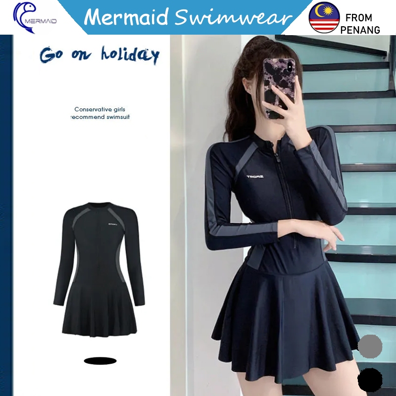 Mermaid Ready Stock Women One Piece Swimsuit Simple Sports Dress Swimsuit Conservative Hot Spring Slimmer Swimsuit Woman black swimsuit skirt women swimwear beachwear sport baju Shopee Malaysia