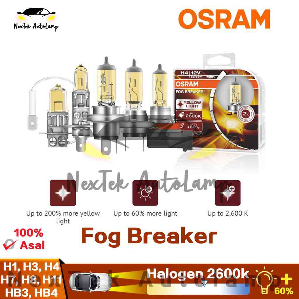 OSRAM Fog Breaker H1 H3 H4 H7 H8 H11 H16 HB3 HB4 12V 2600K Yellow Light ...