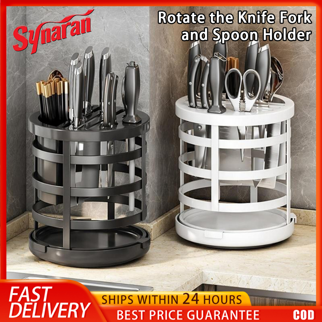 Knife Rack 360° Rotation Cutlery Holder Kitchen Utensil Storage Shelf ...