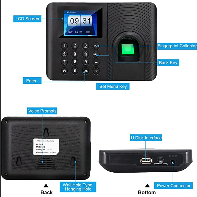 Display USB Biometric Fingerprint Attendance Machine TFT Employee Punch