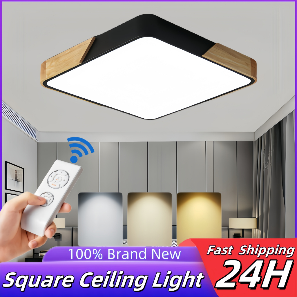 Moden LED Ceiling Lamp 30/40CM Wooden Square LED Ceiling Light Tricolor ...
