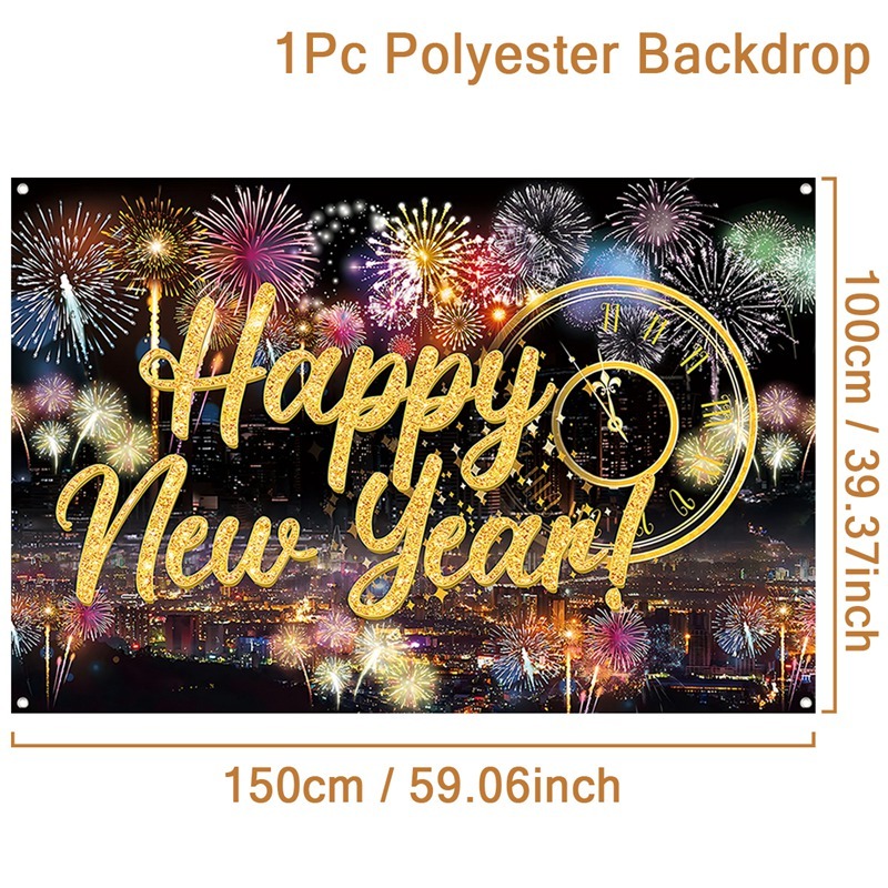 Happy New Year 2022 Round Backdrop Fireworks on sale Gold Black Colors Photography Banner Elastic Band Polyester